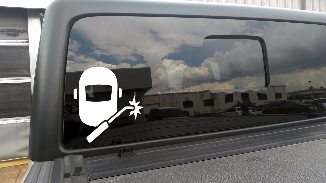 Welding Helmet with Torch Vinyl Decal – TIG MIG Stick Welder Shop Sticker with painted-on look, available in sizes 2.5x2.5 to 22.5x22.5 inches