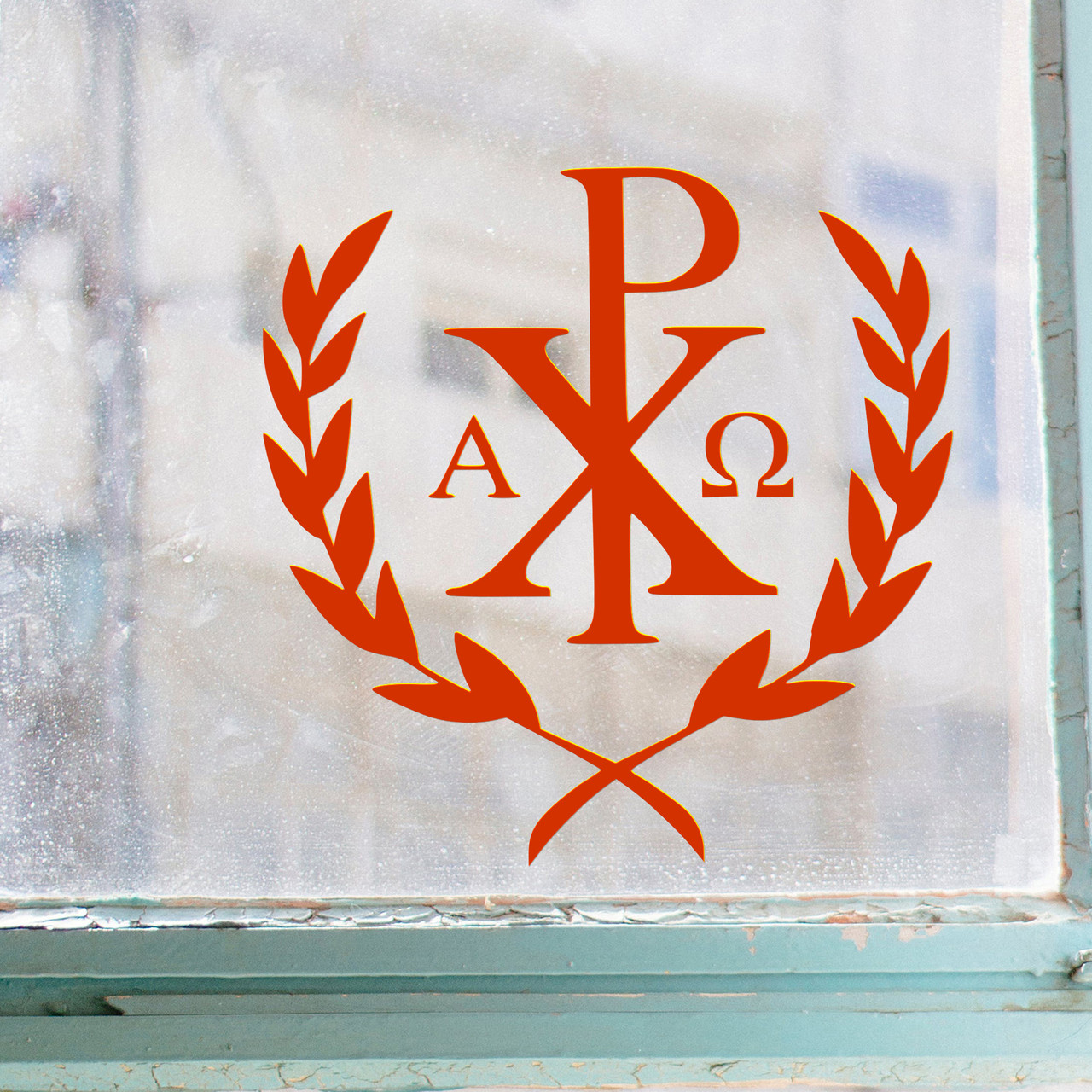 Chi Rho Wreath Vinyl Decal with Alpha and Omega – Christian Symbol of Jesus Christ and Eternal Victory