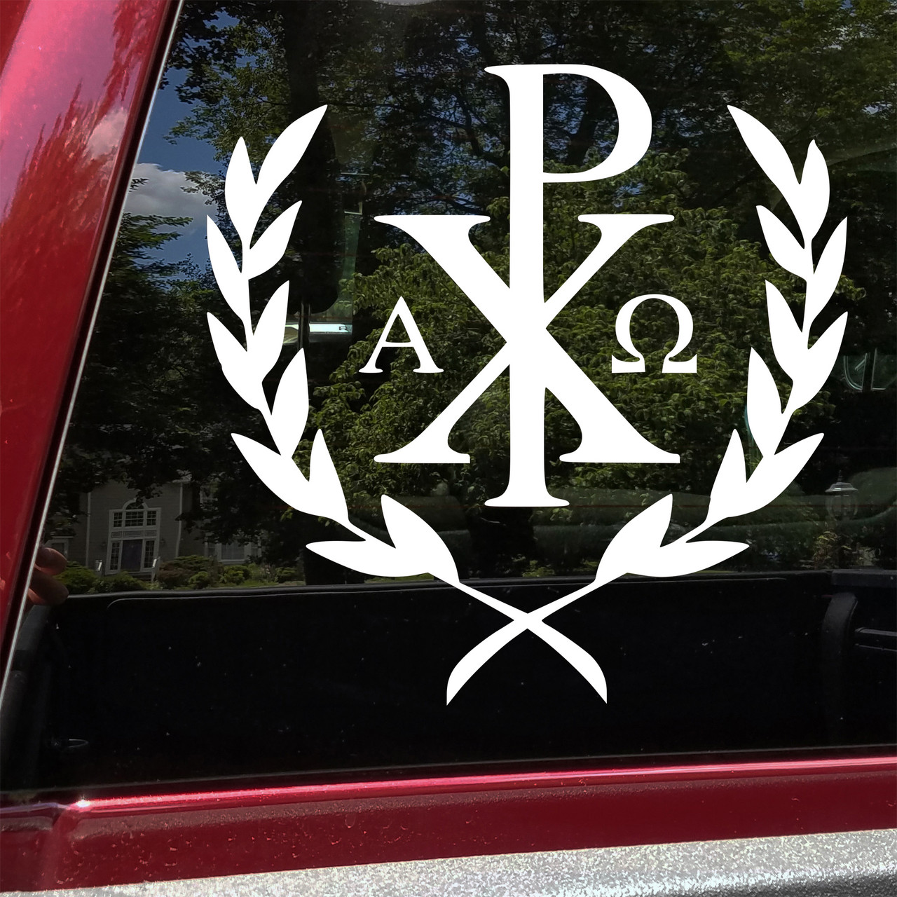 Chi Rho Wreath Vinyl Decal with Alpha and Omega – Christian Symbol of Jesus Christ and Eternal Victory