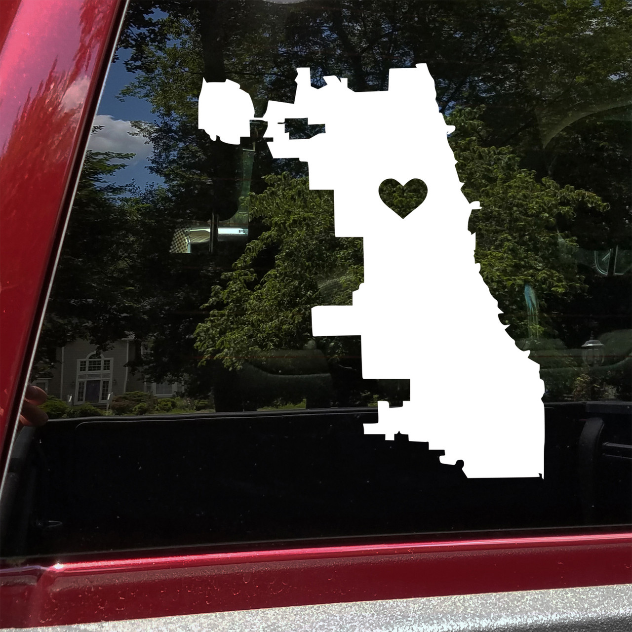 Chicago city map outline vinyl decal with a small heart symbol inside representing neighborhood pride
