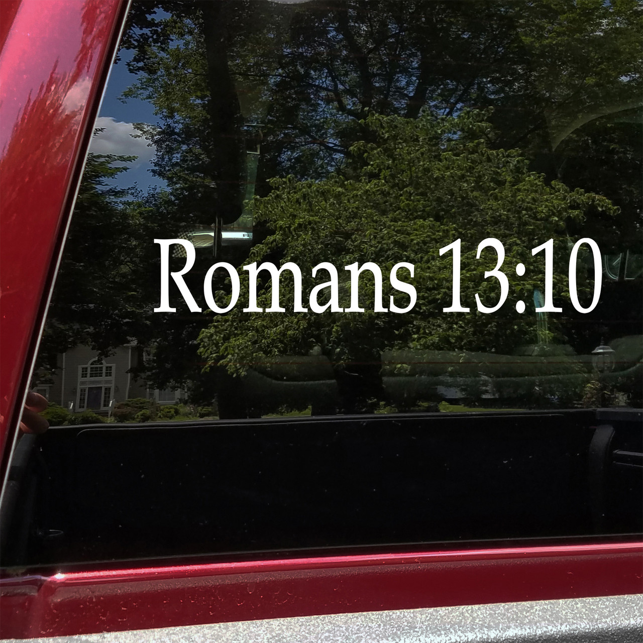 Romans 13:10 Bible verse reference vinyl decal in minimalist Christian scripture design