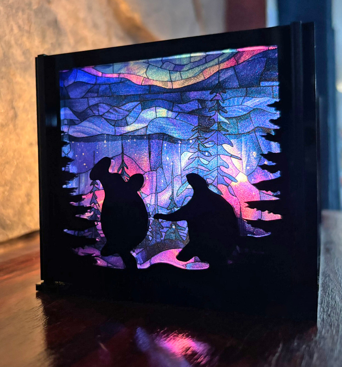 Moondance luminary SVG with dancing bears and turtles in a circular laser cut lantern design