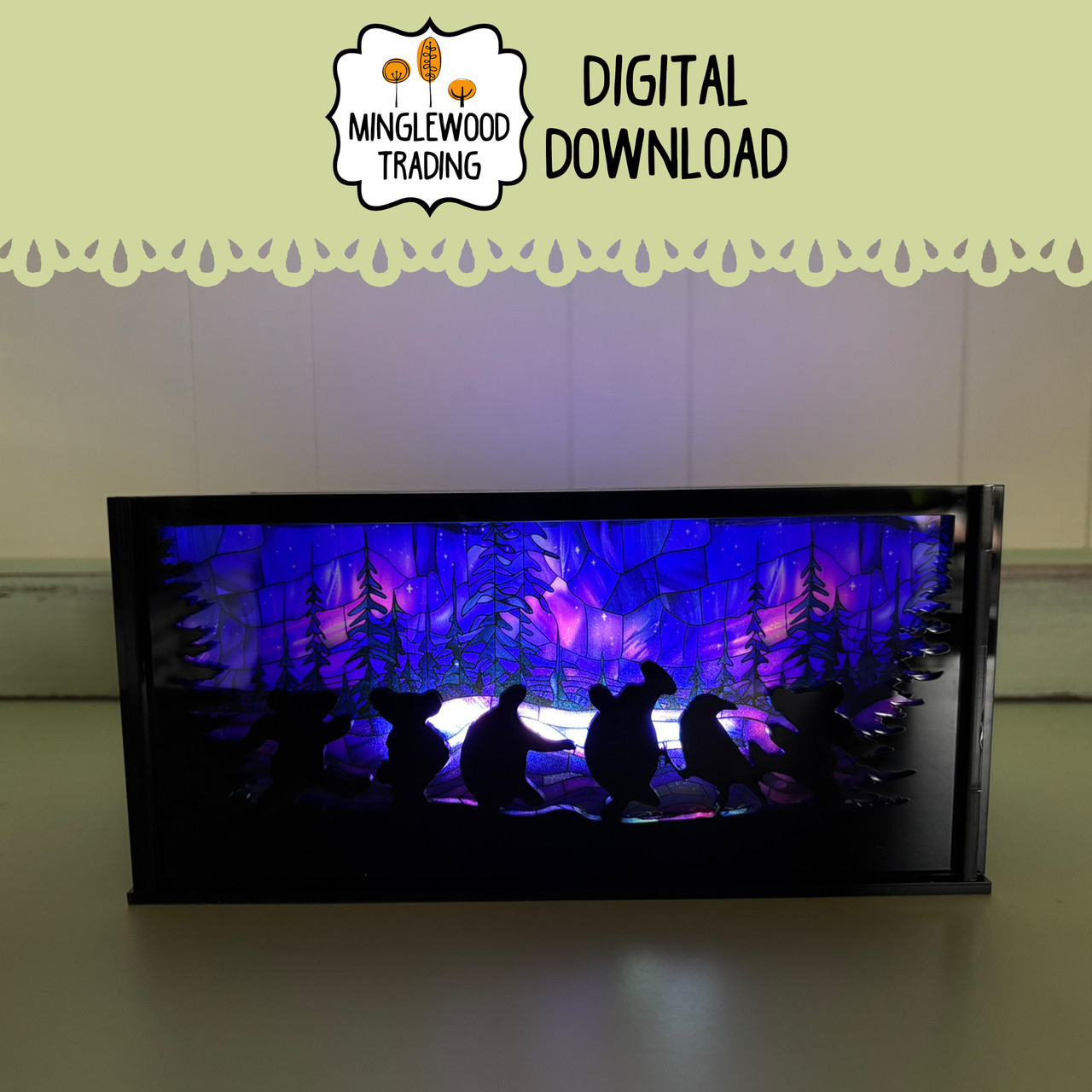 Moondance luminary SVG with dancing bears and turtles in a circular laser cut lantern design