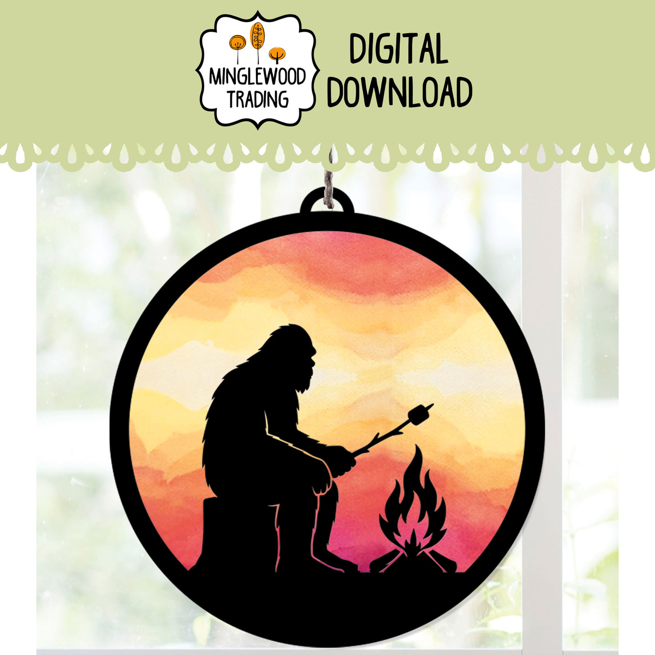 Bigfoot Campfire Suncatcher SVG Round Marshmallow Roasting Design Digital Download