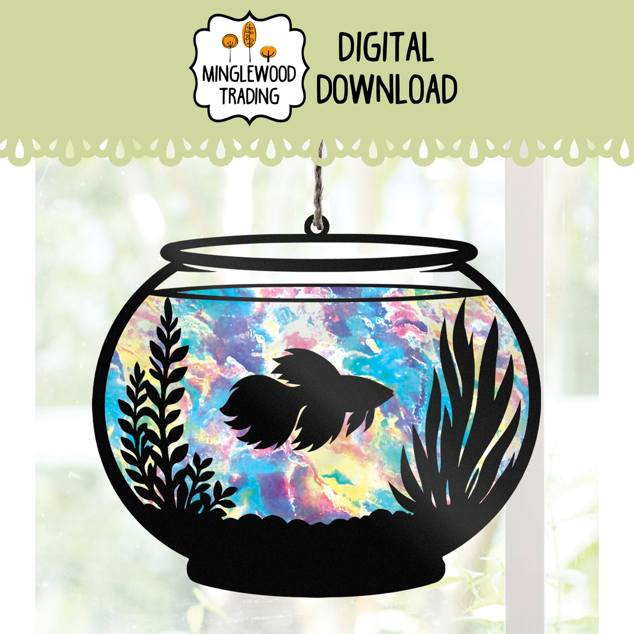 Betta Fish Fishbowl Suncatcher SVG Aquarium Swimming Design Digital Download