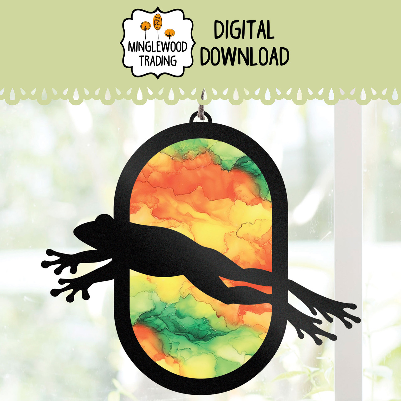 Jumping Frog Suncatcher SVG Amphibian Leap Oval Design Digital Download