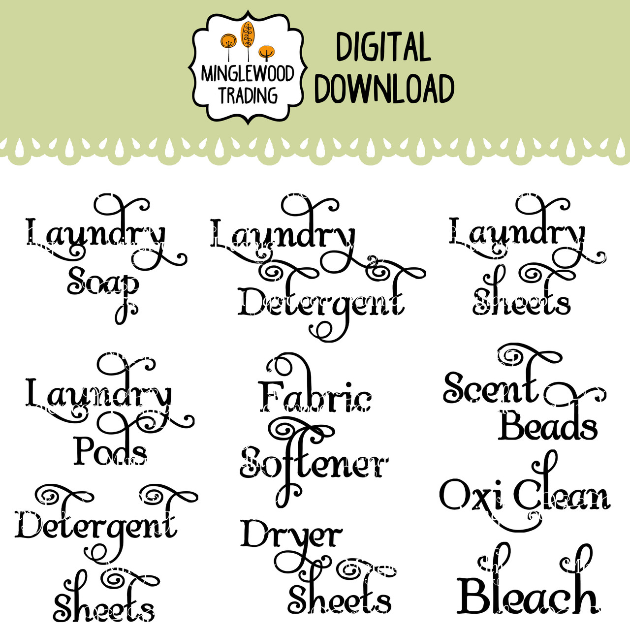 Laundry room SVG label bundle featuring 10 cleaning supply vinyl cut files for home organization