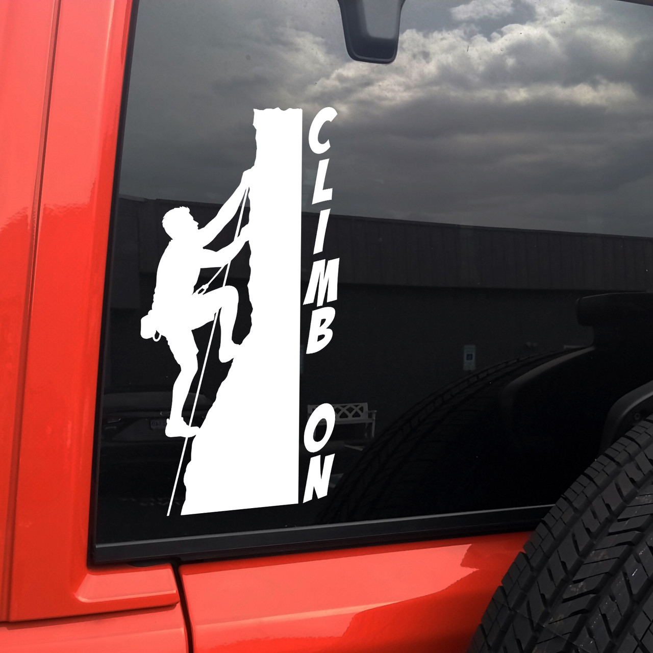 Rock Climber Man Climb On vinyl decal showing a climber silhouette ascending a wall with bold text on white background