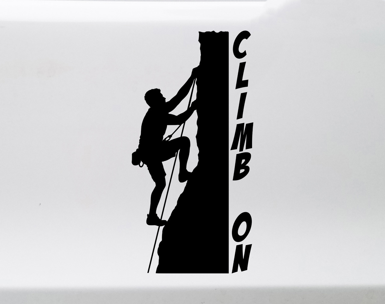 Rock Climber Man Climb On vinyl decal showing a climber silhouette ascending a wall with bold text on white background