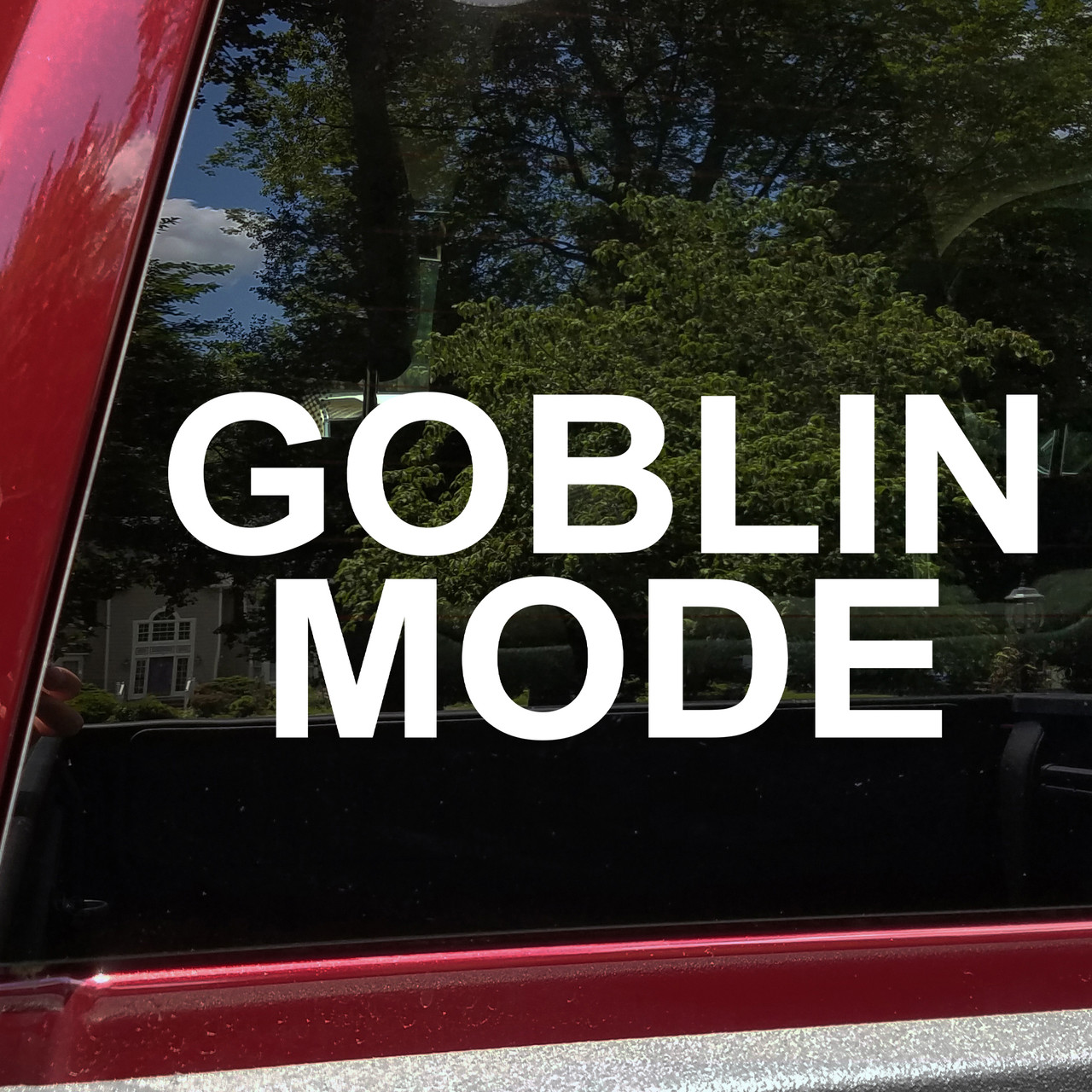 Goblin Mode vinyl decal featuring bold black text with chaotic meme style lettering on a clean white background
