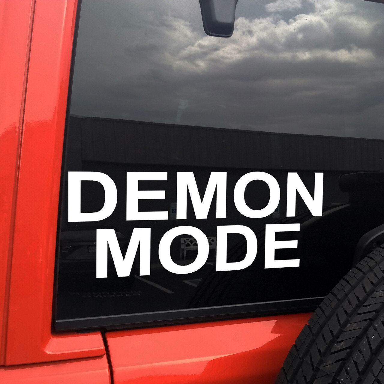 Demon Mode vinyl decal featuring bold black text with chaotic meme style lettering on a clean white background