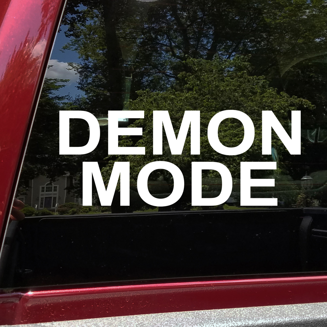 Demon Mode vinyl decal featuring bold black text with chaotic meme style lettering on a clean white background