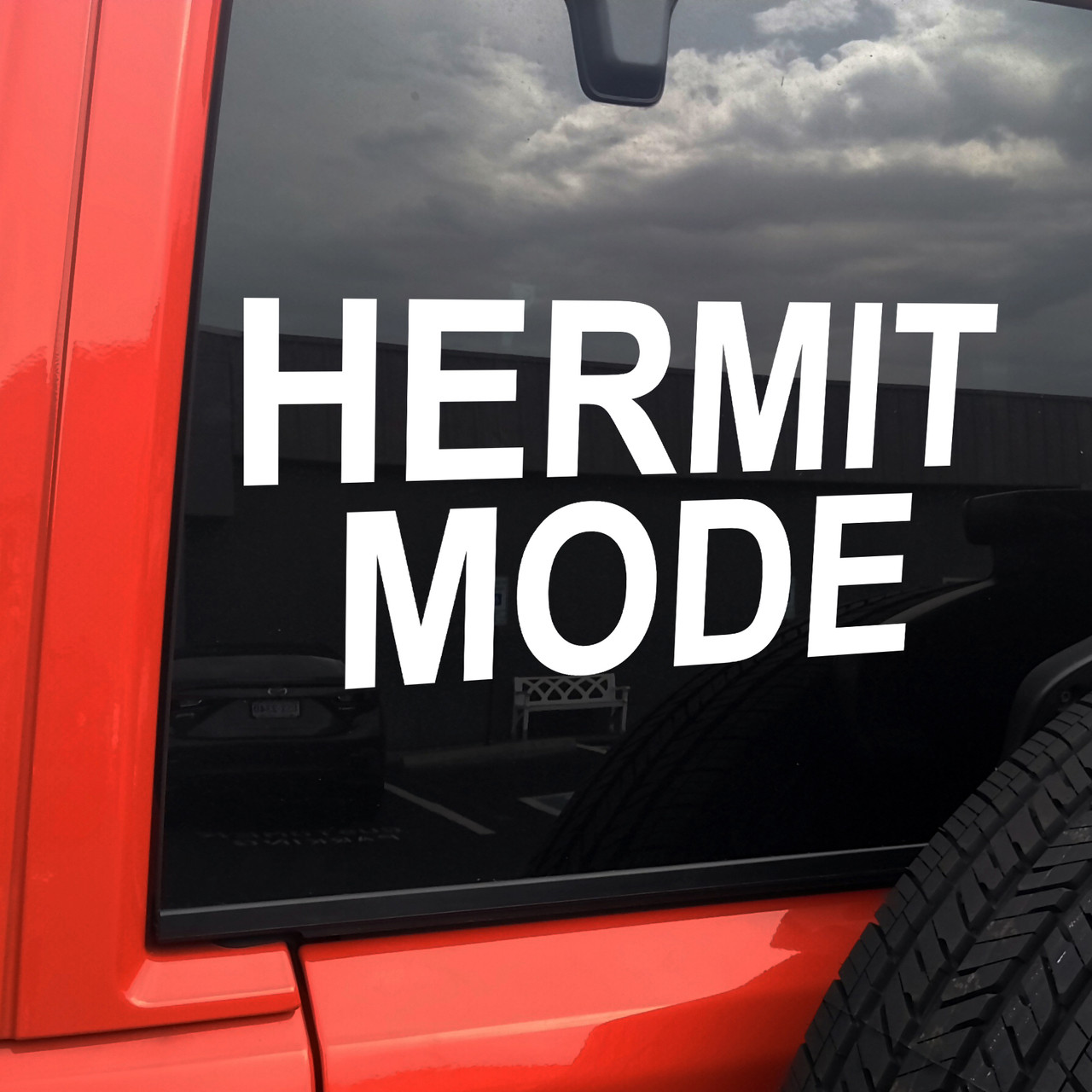 Hermit Mode vinyl decal featuring bold minimalist text expressing introvert solitude humor on a clean white background