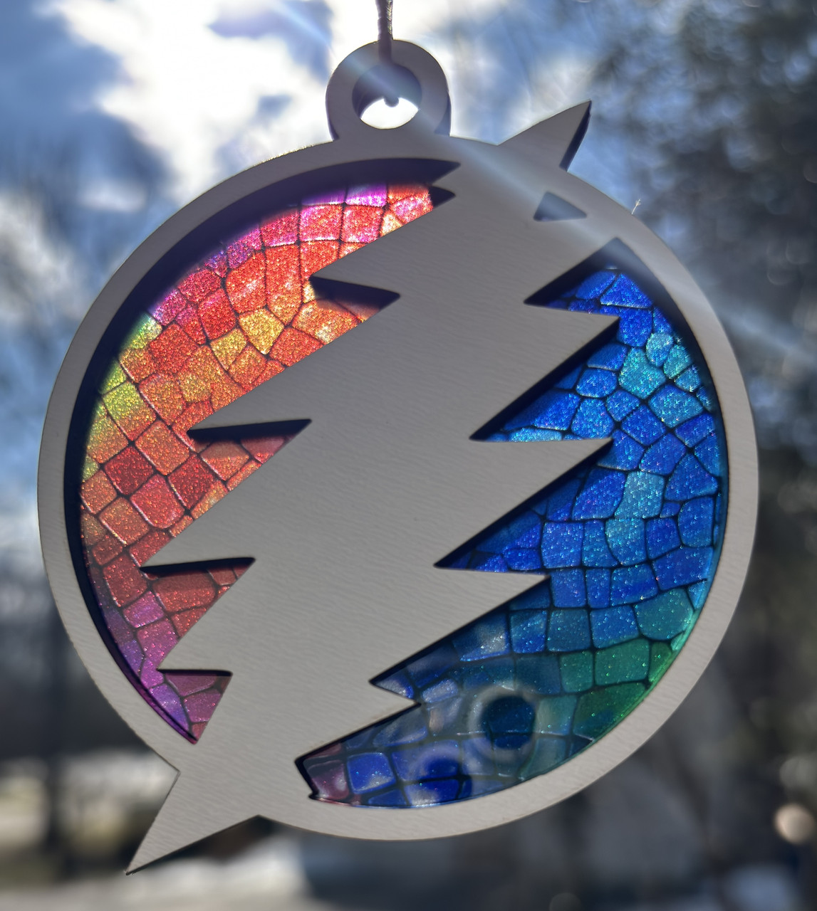 	 Grateful Dead Inspired Bolt Stained Glass Pattern Hanging Ornament MDF Acrylic Psychedelic Suncatcher