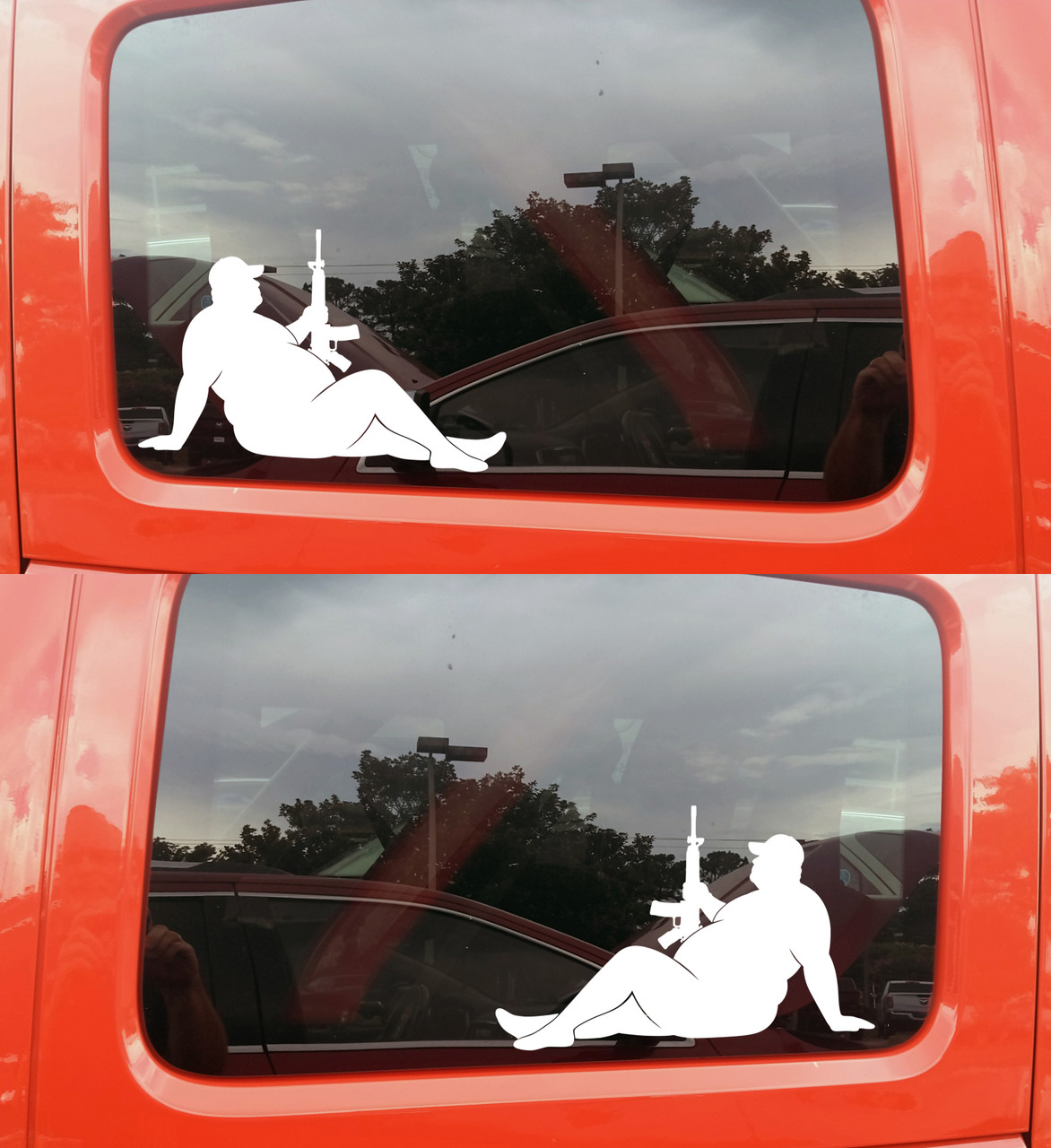Mudflap fatman rifle vinyl sticker decal available as single or mirrored pair truck graphic