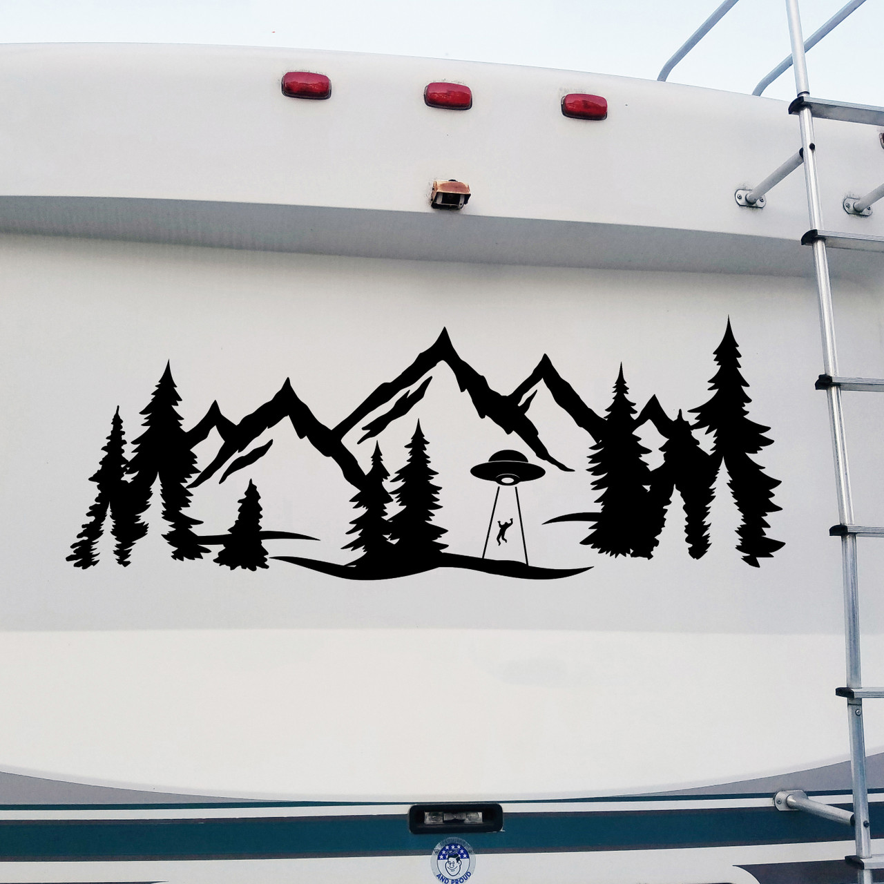 Forest mountain UFO alien abduction vinyl sticker decal with outdoor silhouette scene design