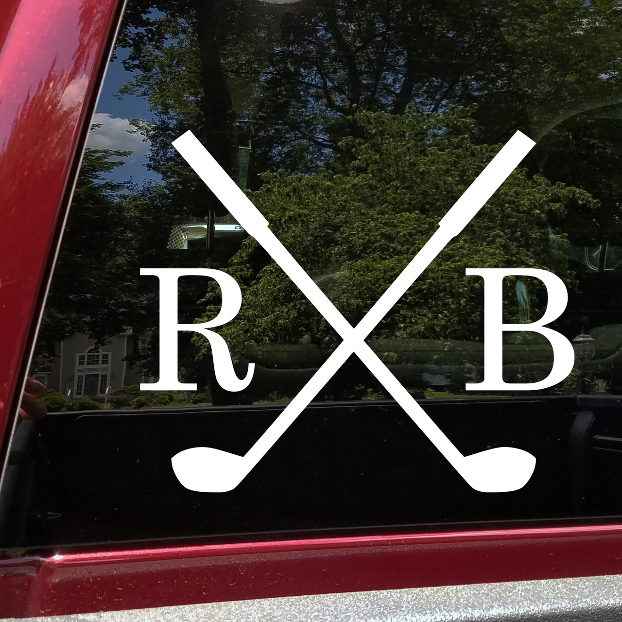 Crossed golf clubs personalized initials vinyl sticker decal with classic monogram design