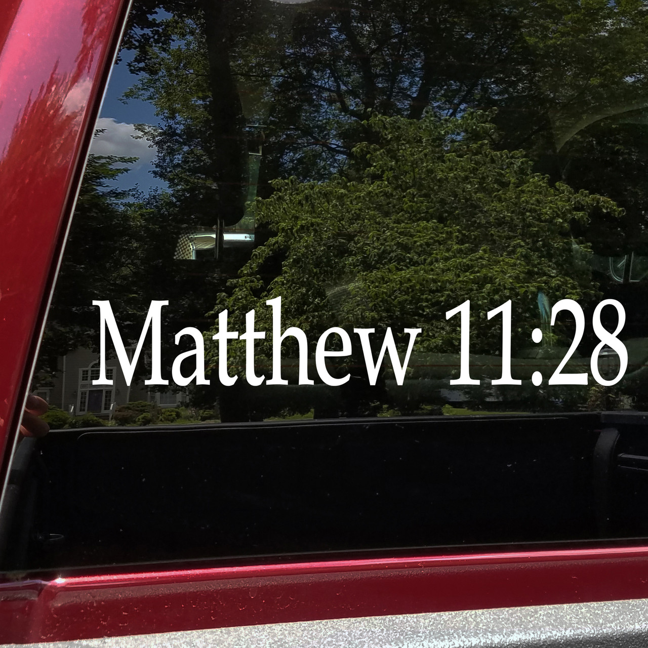 Matthew 11:28 Bible verse reference Christian vinyl sticker decal window lettering