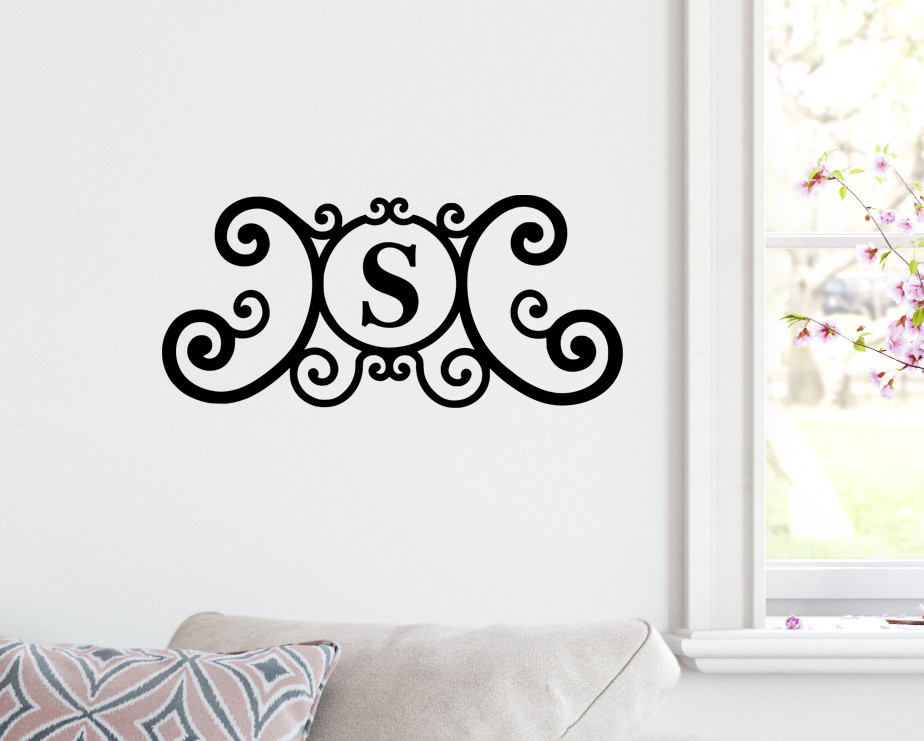 monogram scrollwork letter vinyl sticker decal custom initial elegant script design