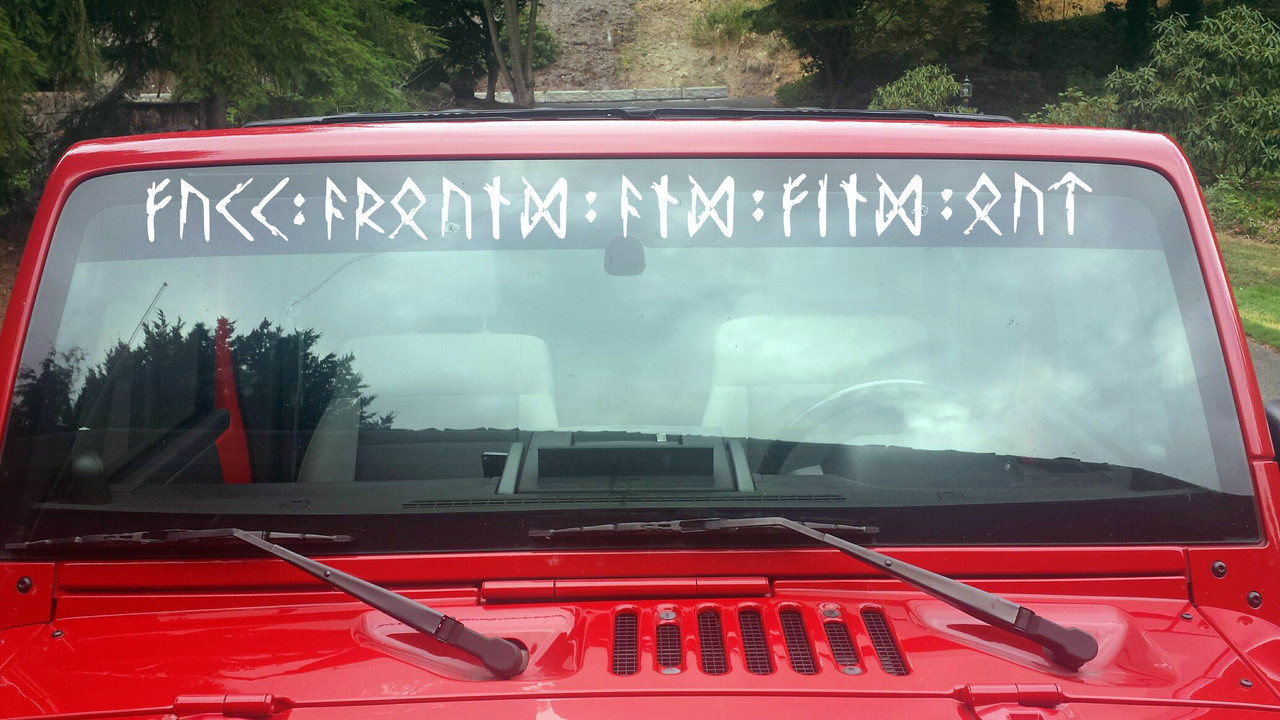 FAFO written out in distressed Futhark runes vinyl sticker decal applied to Jeep truck hood side with rugged weathered rune lettering