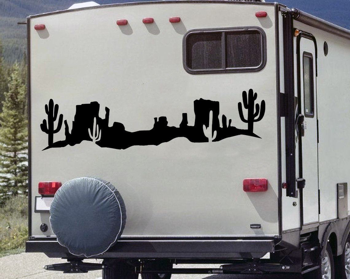 Desert cactus mesa scene vinyl sticker decal applied to RV travel trailer window with southwest landscape design