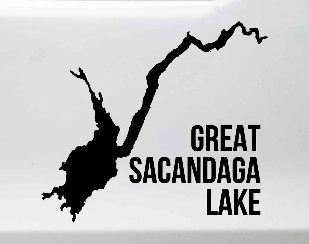 Great Sacandaga Lake outline vinyl sticker decal applied to car window showing Adirondack New York map shape with text placement
