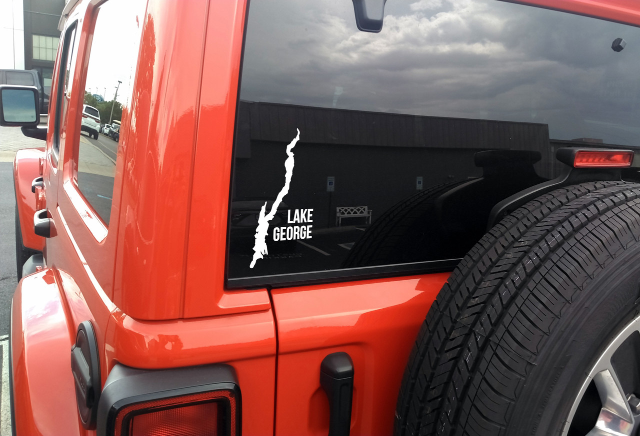 Lake George outline vinyl sticker decal applied to car window showing Adirondack New York map shape with integrated text design