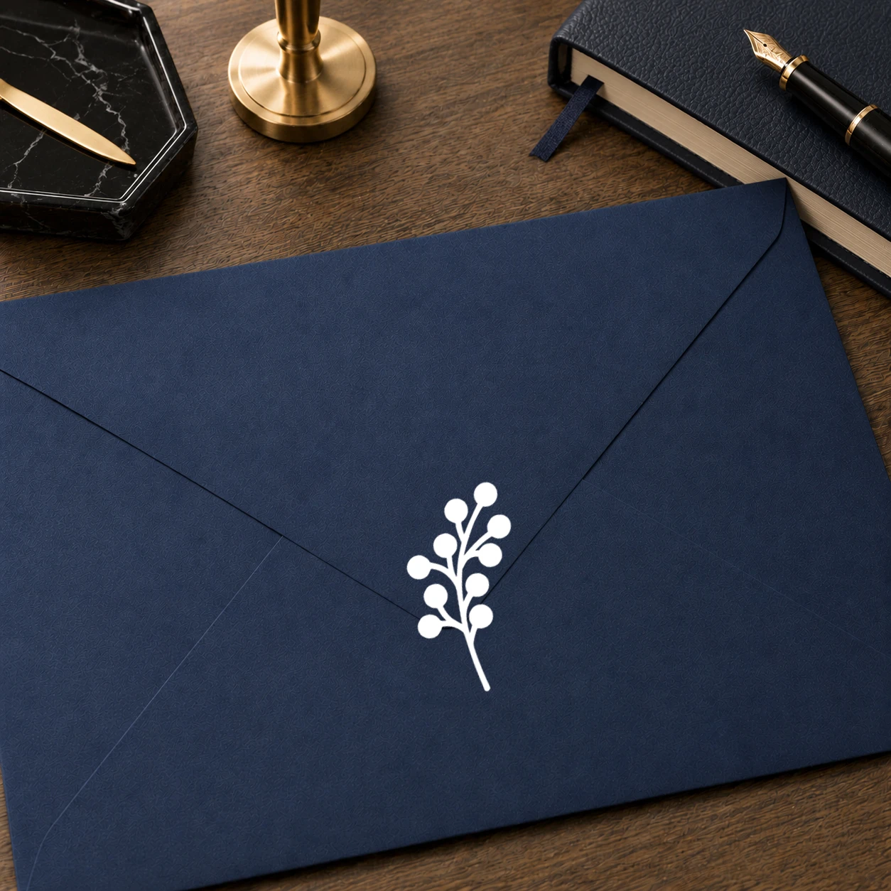 berry sprig vinyl envelope seal sticker decal applied to invitation flap with botanical greenery styling