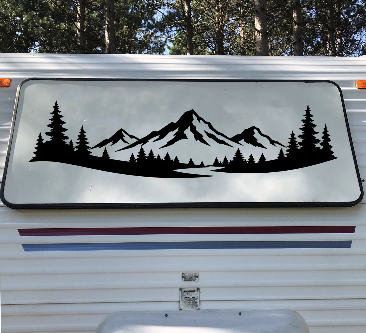 mountain forest scene vinyl sticker decal applied to rv camper rear window with wilderness outdoor landscape design V21