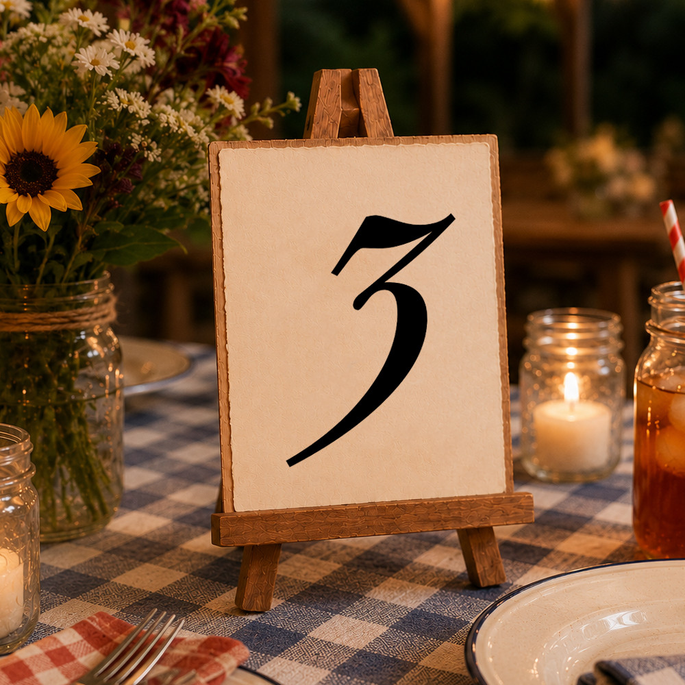 Balmoral script wedding table number vinyl decal set displayed for elegant reception seating arrangements and family event decor