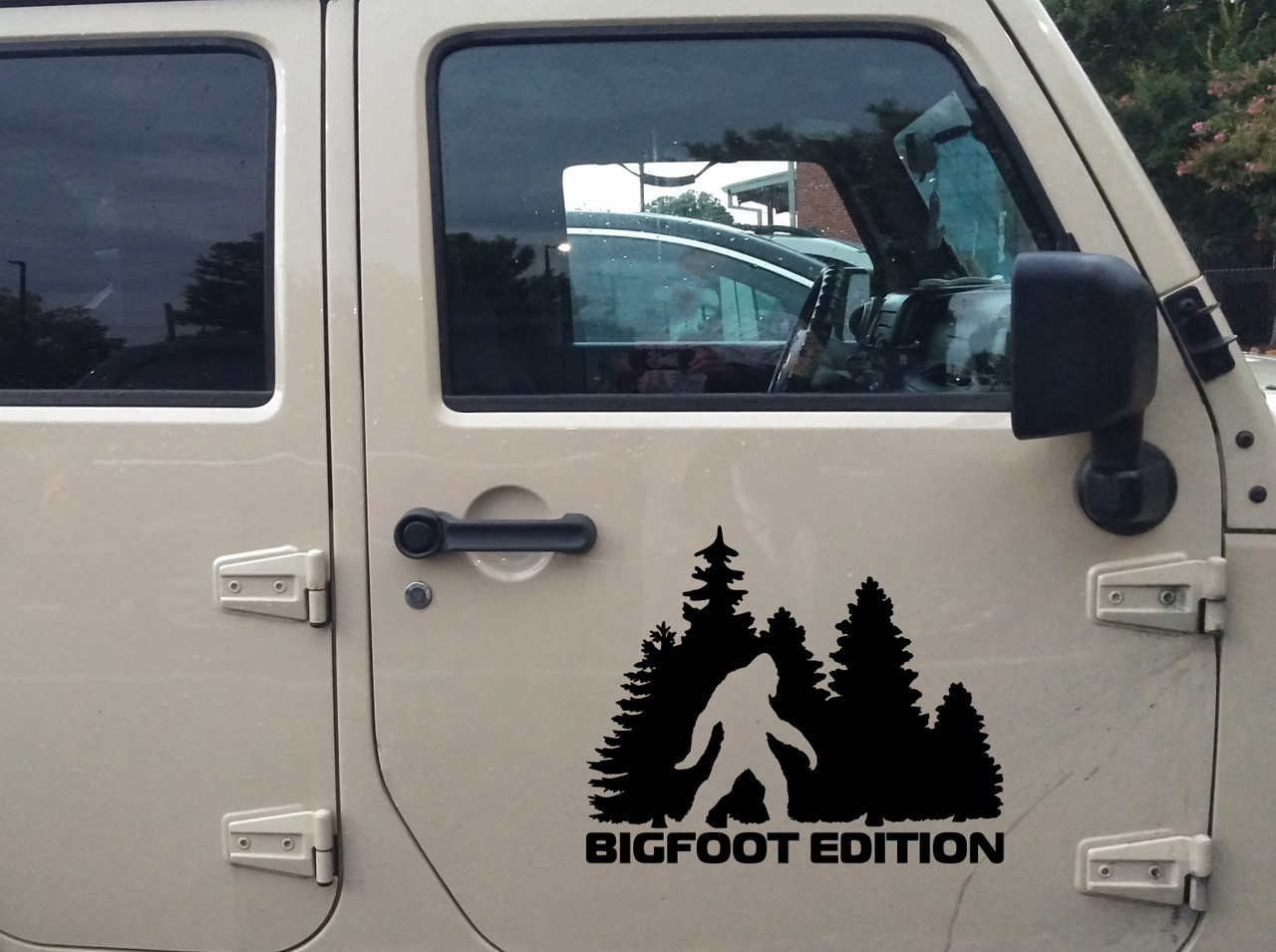 bigfoot edition forest vinyl sticker decal featuring sasquatch walking through pine trees in outdoor adventure styling