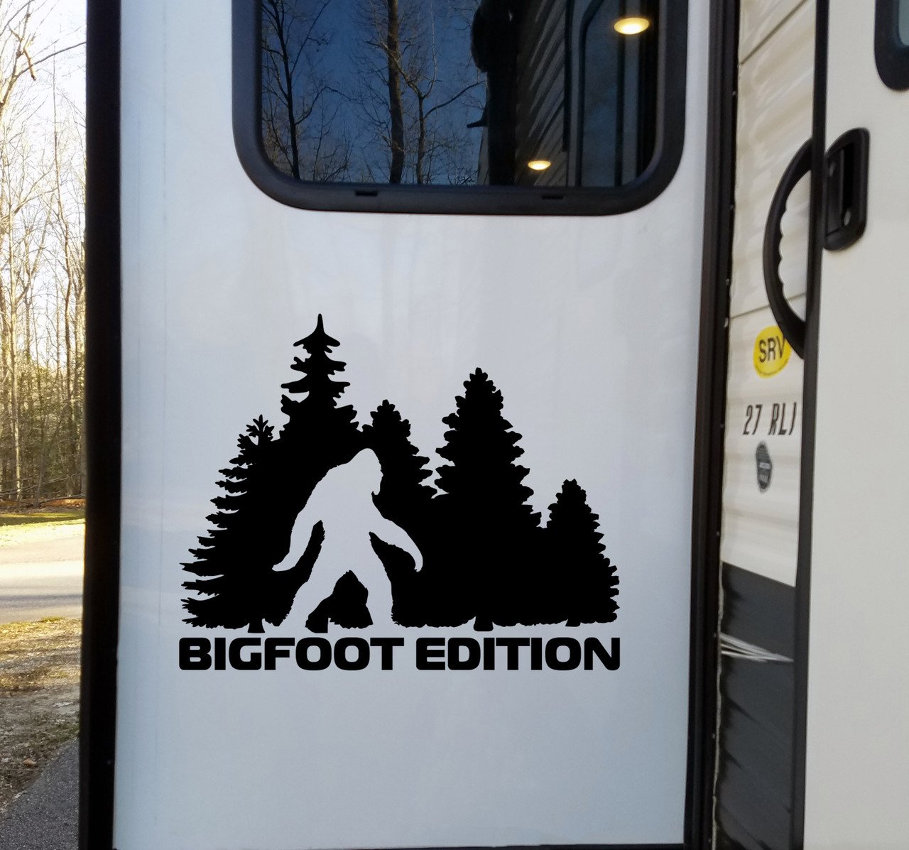 bigfoot edition forest vinyl sticker decal featuring sasquatch walking through pine trees in outdoor adventure styling