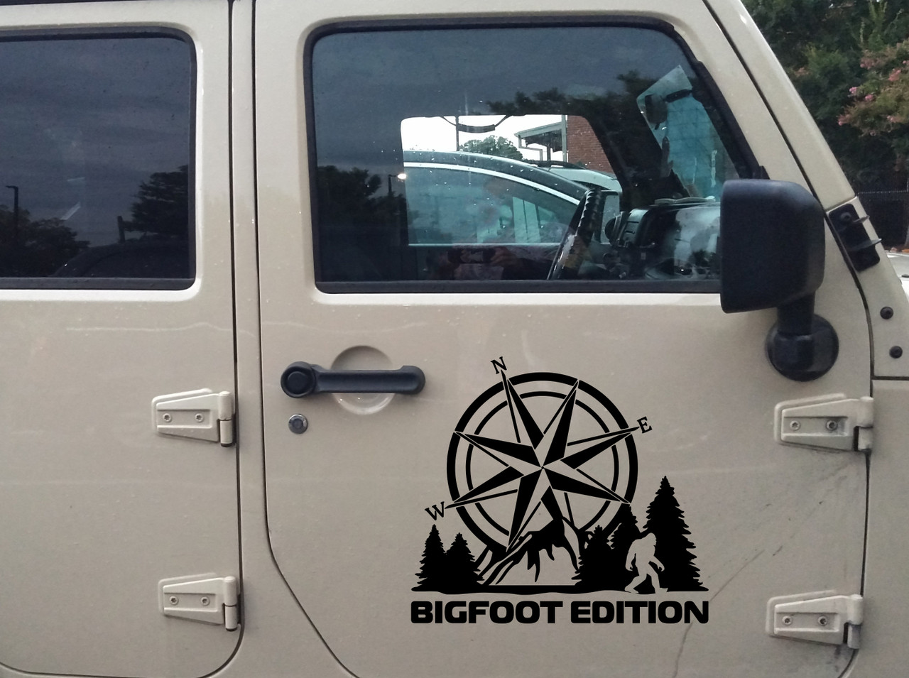 bigfoot edition compass vinyl sticker decal featuring sasquatch mountains pine trees and compass rose outdoor adventure design