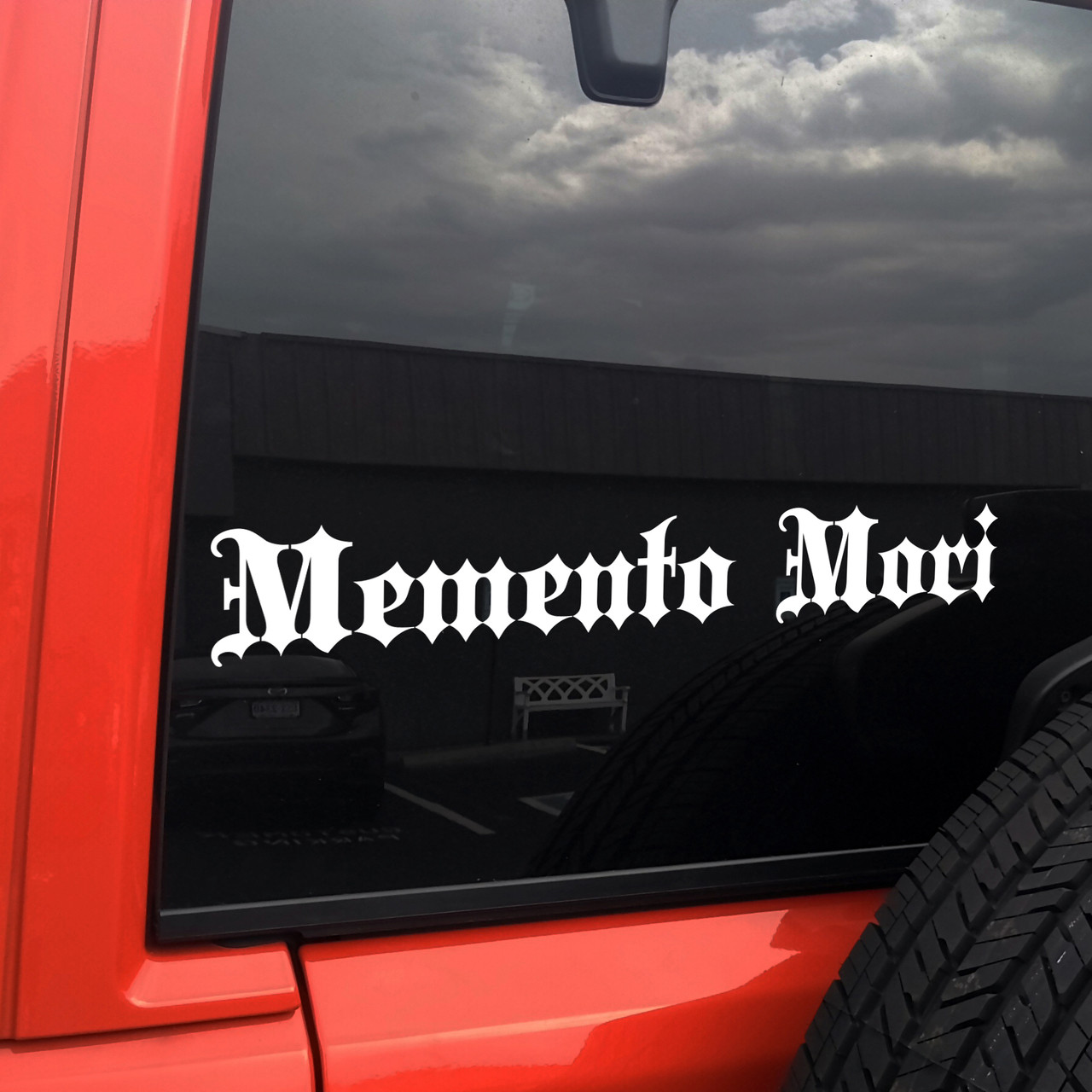 memento mori vinyl sticker decal featuring classic roman serif typography and latin stoic philosophy phrase promoting purposeful living