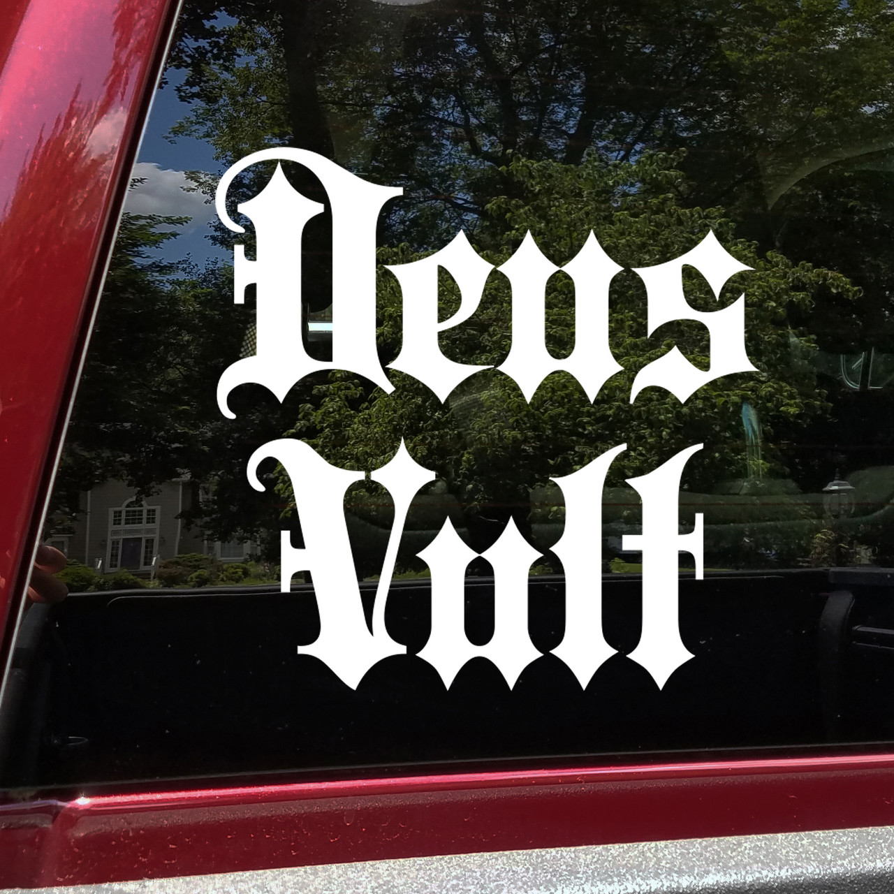 deus vult god wills it vinyl sticker decal featuring medieval gothic blackletter typography and historic latin phrase design