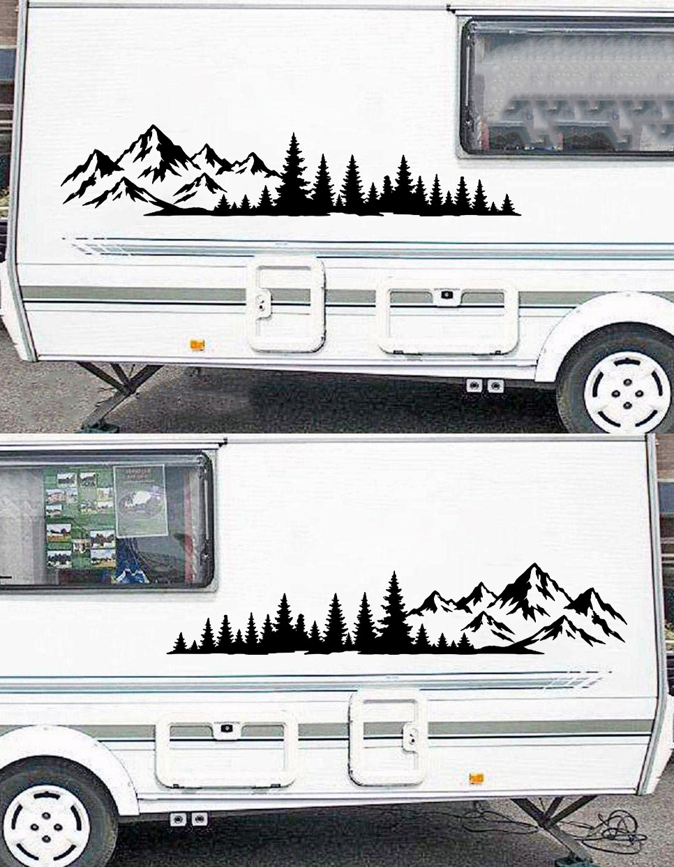 mirrored mountain forest decal pair featuring rugged mountain peaks and evergreen trees for trucks campers rvs overland rigs and adventure vehicles
