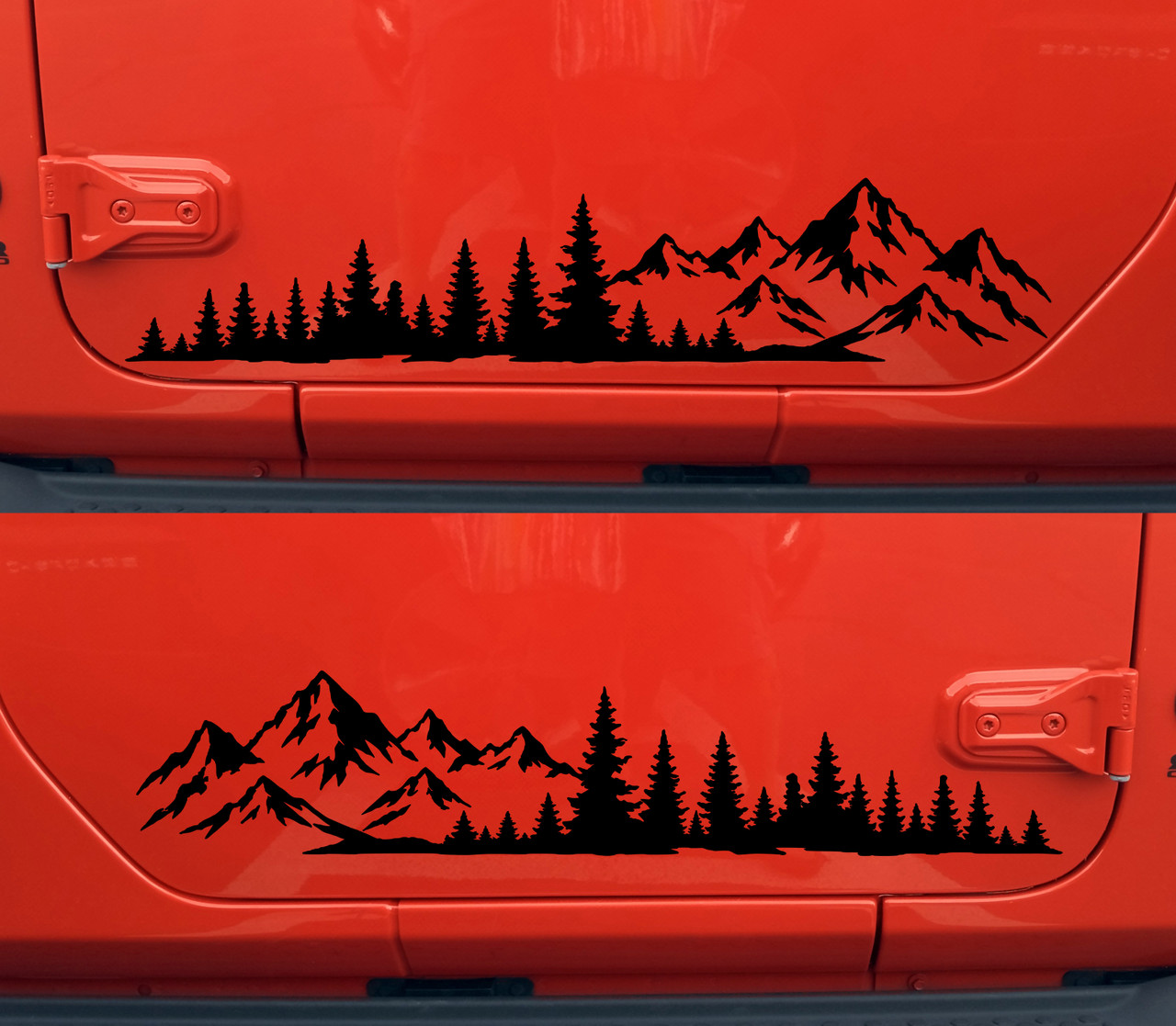mirrored mountain forest decal pair featuring rugged mountain peaks and evergreen trees for trucks campers rvs overland rigs and adventure vehicles