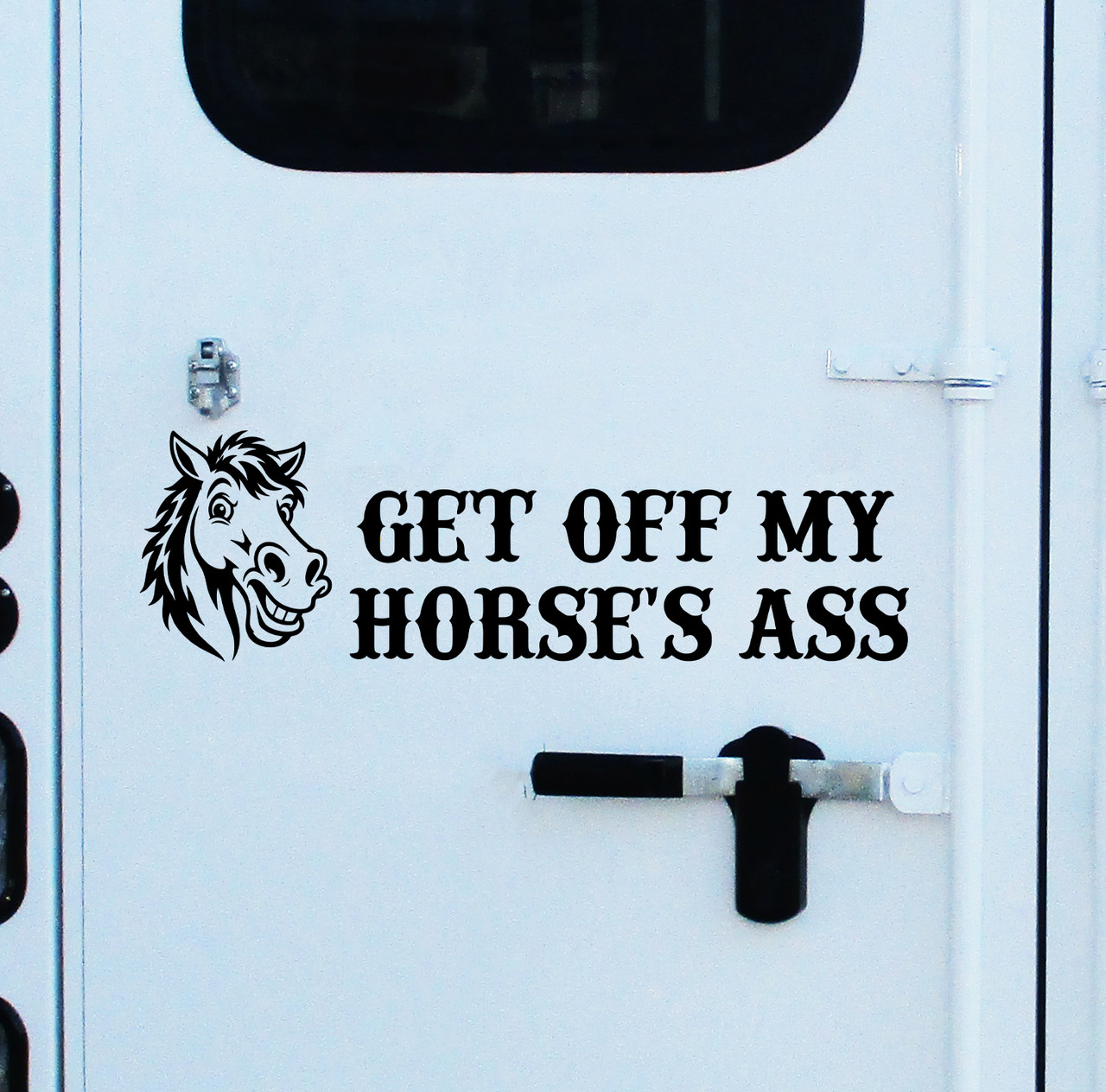 get off my horses ass funny horse trailer vinyl decal featuring a humorous horse illustration designed to discourage tailgaters and promote safer following distances while hauling horses