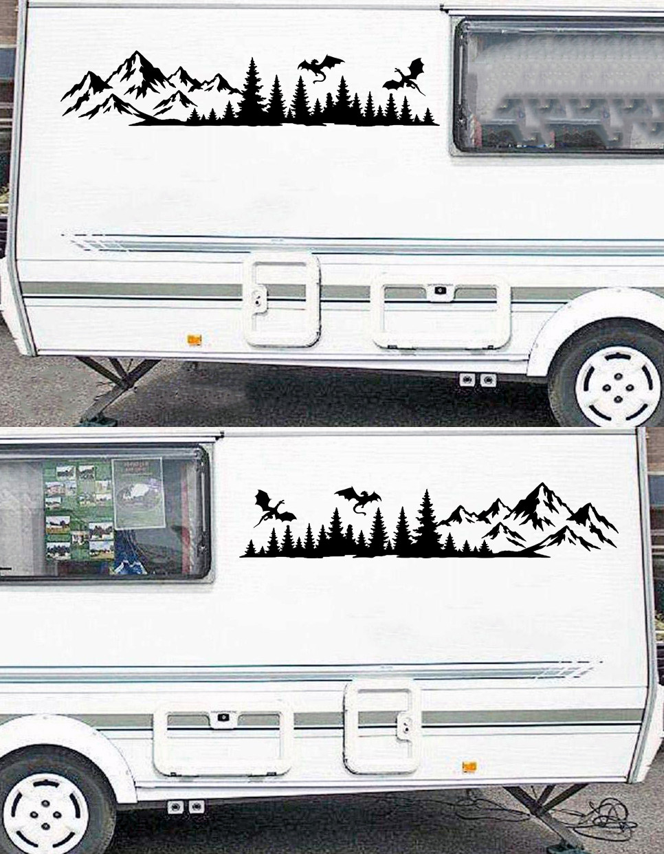 mirrored dragon forest mountain vinyl decal pair featuring flying dragons above evergreen forests and rugged mountain peaks for rvs campers trucks suvs overland rigs and adventure vehicles