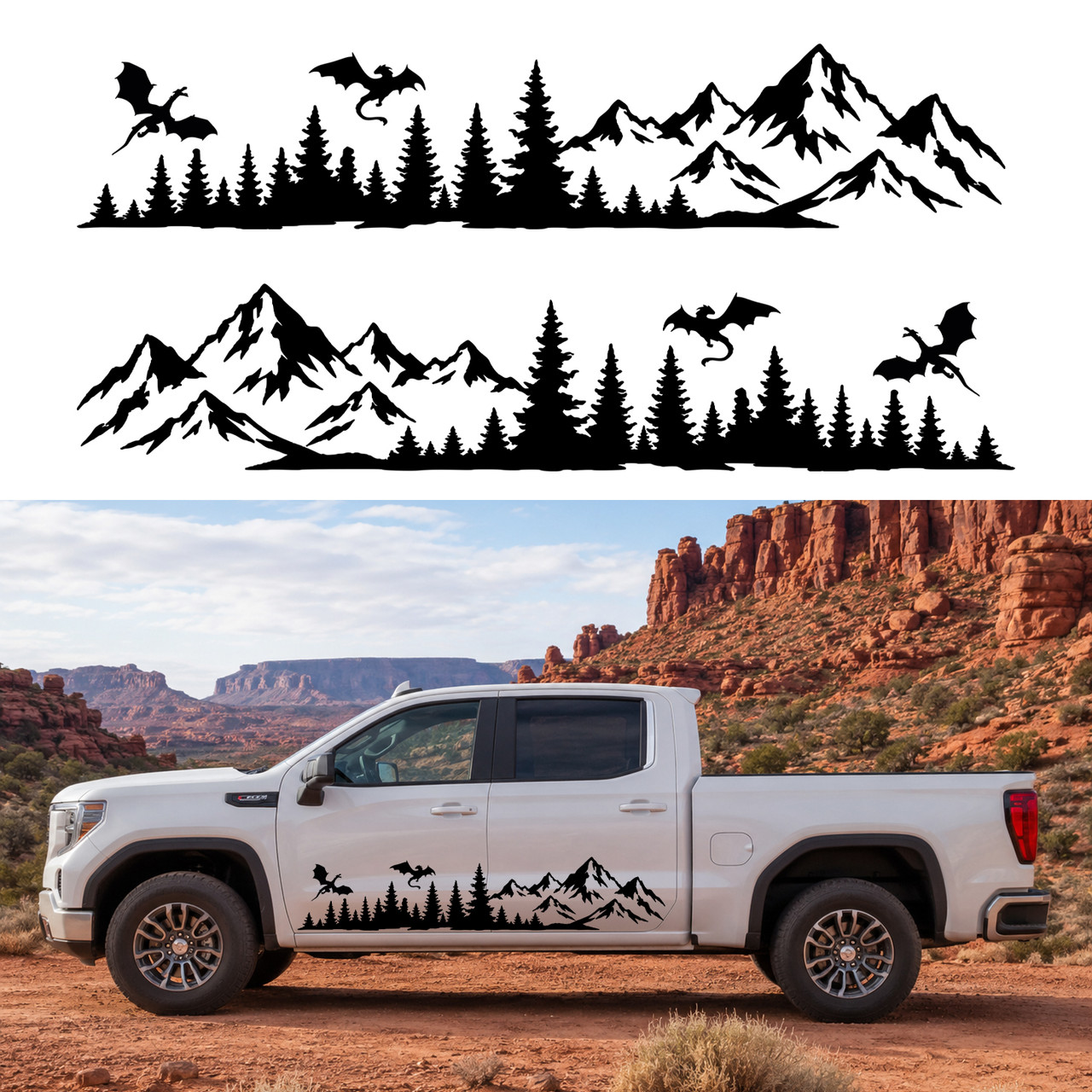 mirrored dragon forest mountain vinyl decal pair featuring flying dragons above evergreen forests and rugged mountain peaks for rvs campers trucks suvs overland rigs and adventure vehicles