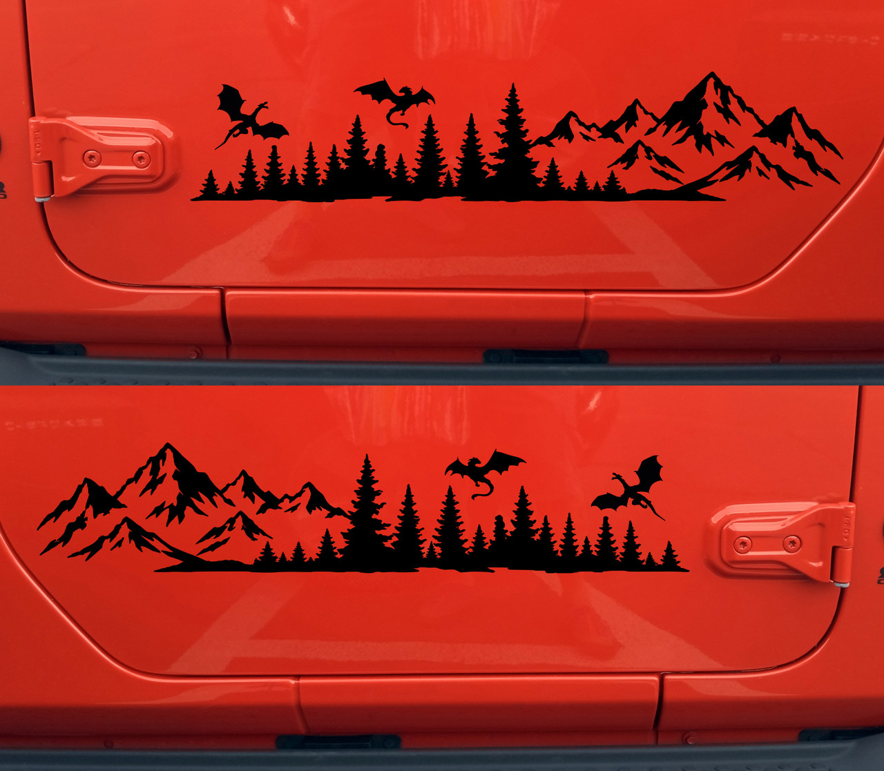 mirrored dragon forest mountain vinyl decal pair featuring flying dragons above evergreen forests and rugged mountain peaks for rvs campers trucks suvs overland rigs and adventure vehicles