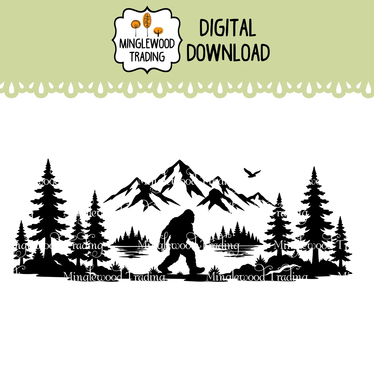 bigfoot mountain landscape svg digital download featuring sasquatch silhouette mountains pine trees and wilderness adventure scenery