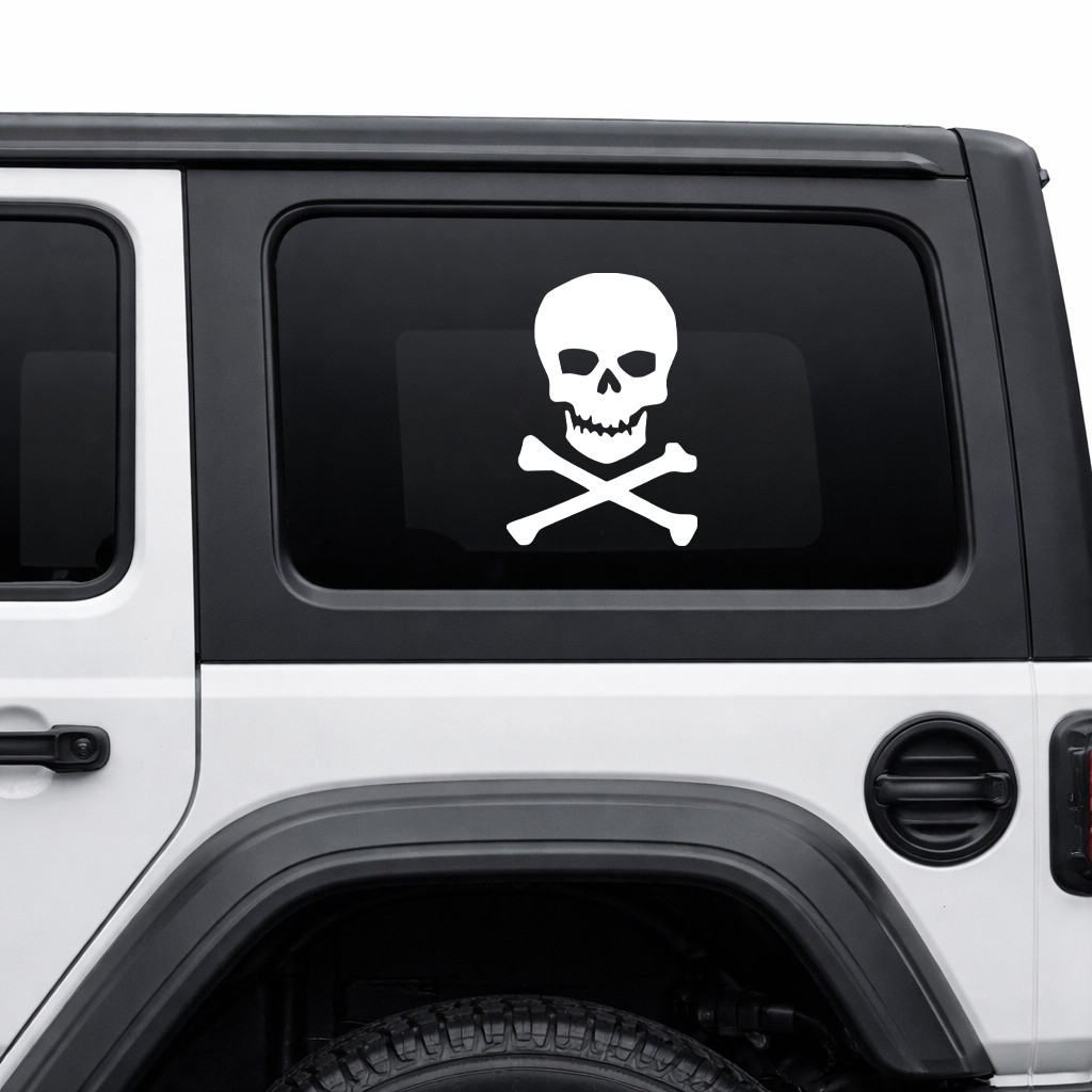 skull and crossbones vinyl decal featuring a classic pirate jolly roger symbol for trucks boats rvs windows toolboxes and nautical themed decor