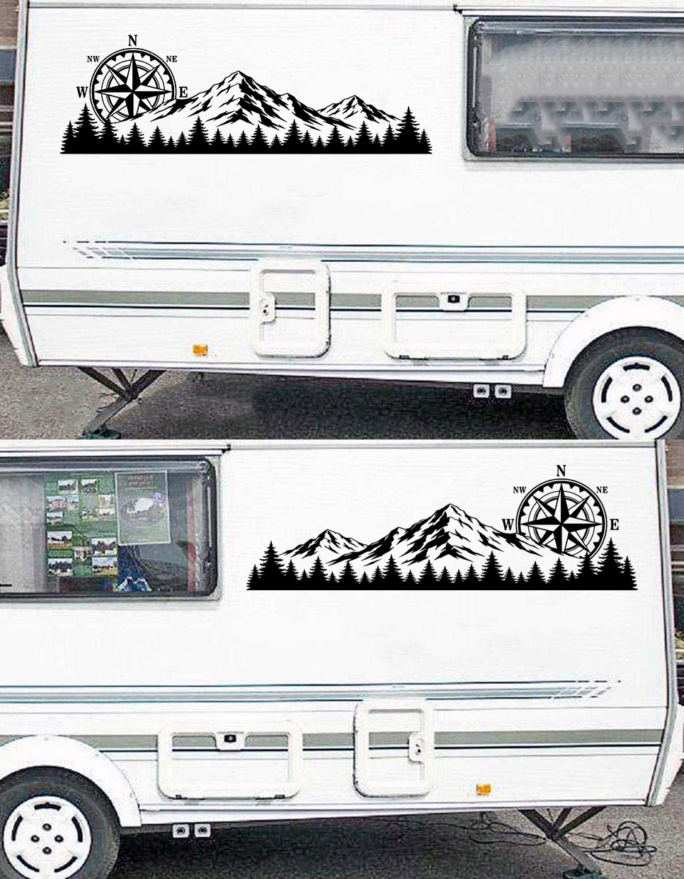 mirrored mountain compass rose vinyl decal pair featuring rugged mountain peaks and evergreen forests for trucks RVs campers travel trailers SUVs and overland vehicles
