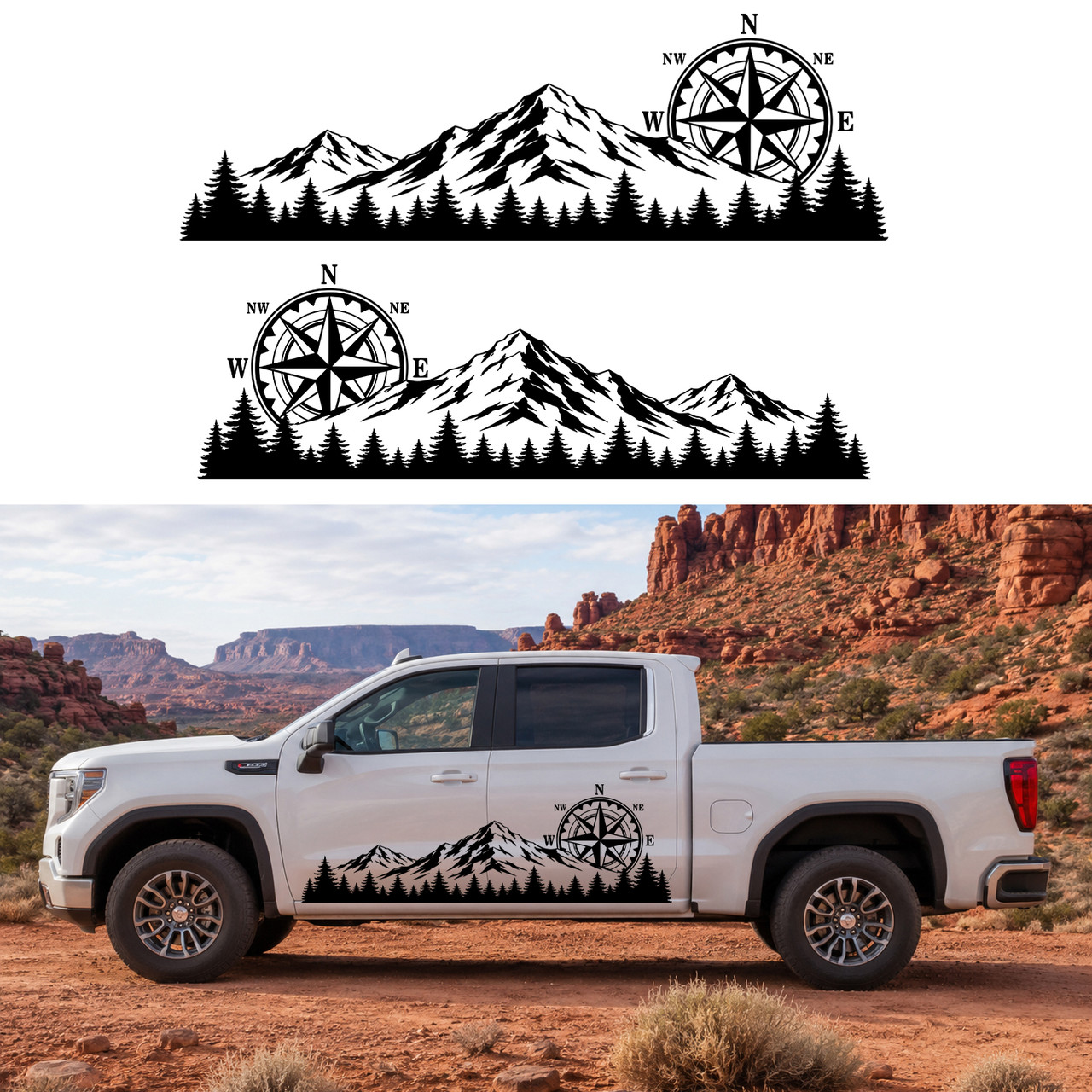 mirrored mountain compass rose vinyl decal pair featuring rugged mountain peaks and evergreen forests for trucks RVs campers travel trailers SUVs and overland vehicles