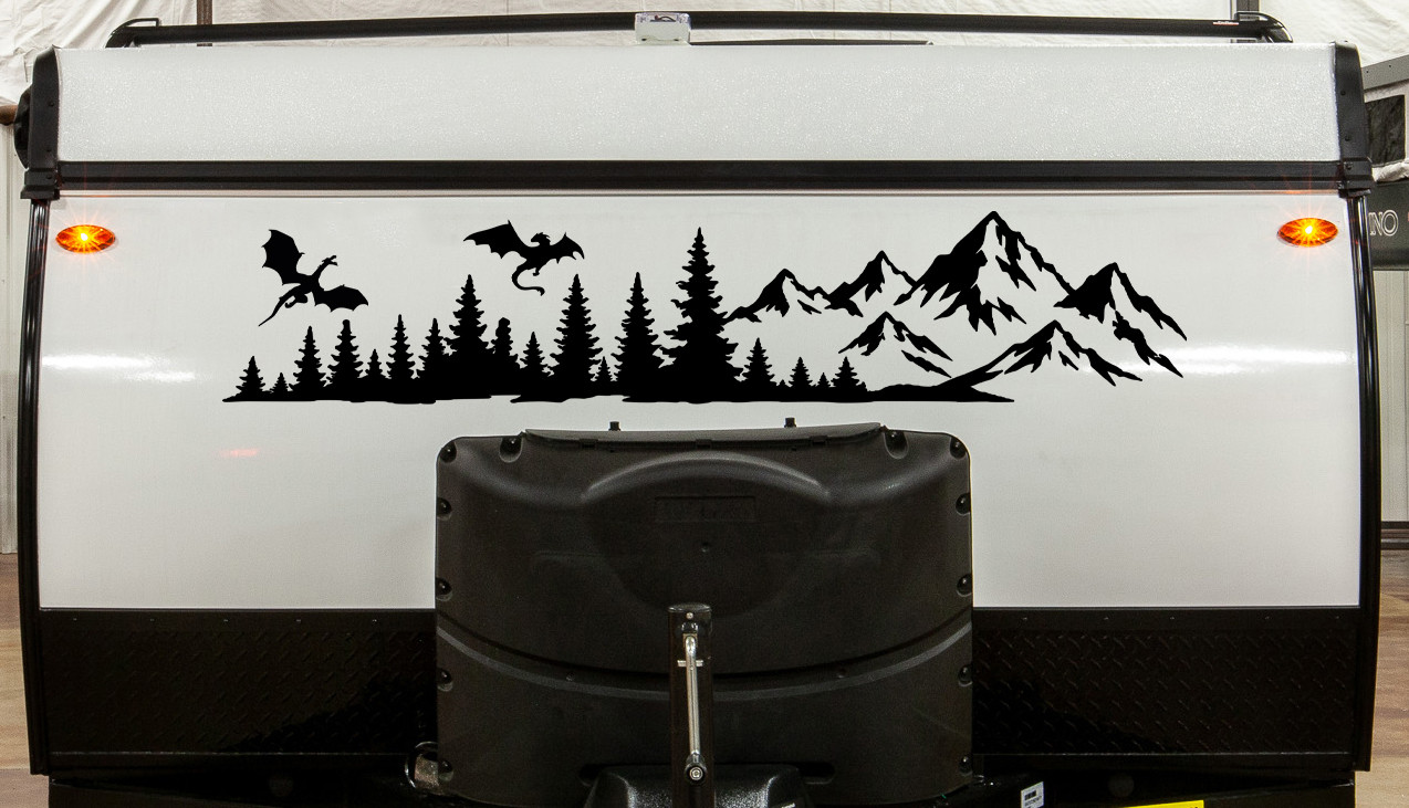 Dragon Mountain Forest vinyl decal featuring battling dragons flying above rugged mountain peaks and evergreen trees for RVs, campers, trucks, SUVs, trailers, and overland vehicles.