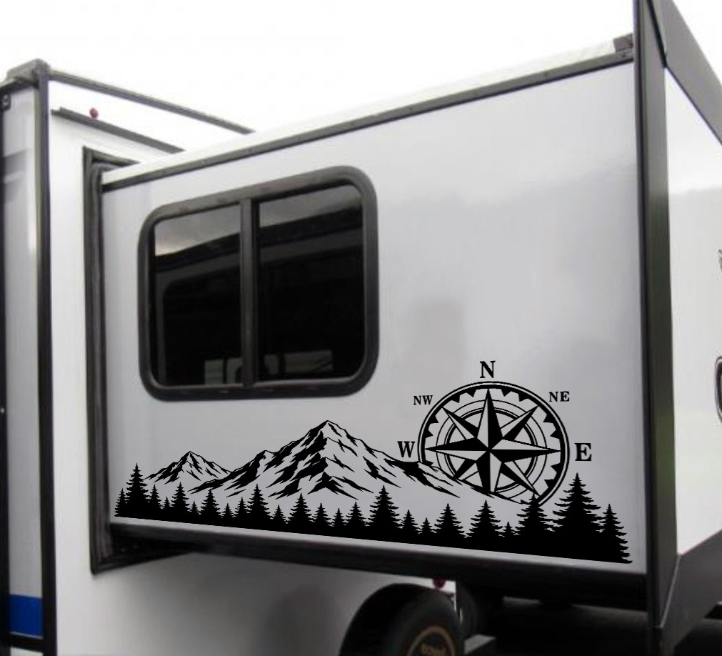 Mountain Compass Rose Forest vinyl decal featuring rugged mountain peaks, evergreen trees, and a compass rose for trucks, RVs, campers, travel trailers, SUVs, and overland vehicles.