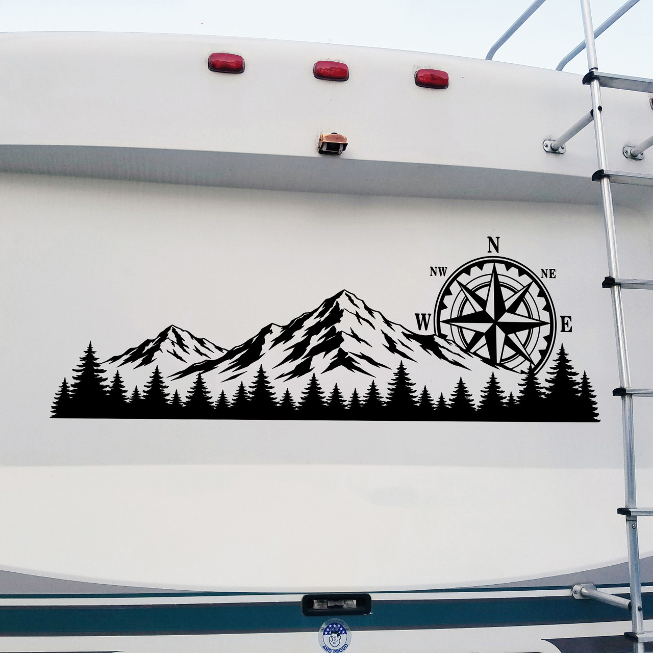 Mountain Compass Rose Forest vinyl decal featuring rugged mountain peaks, evergreen trees, and a compass rose for trucks, RVs, campers, travel trailers, SUVs, and overland vehicles.