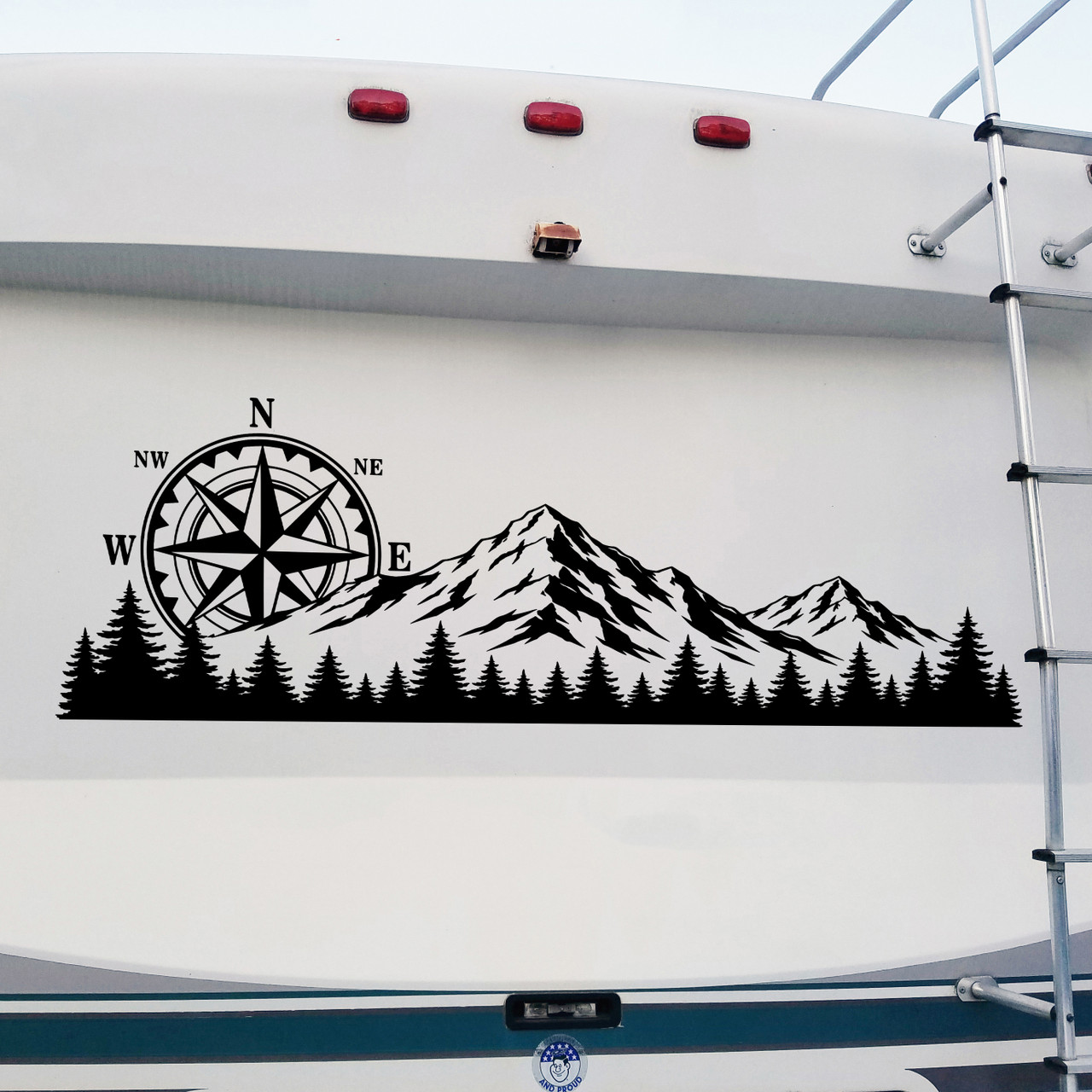Mountain Compass Rose Forest vinyl decal featuring rugged mountain peaks, evergreen trees, and a compass rose for trucks, RVs, campers, travel trailers, SUVs, and overland vehicles.
