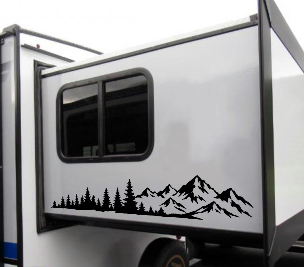 Mountain Forest vinyl decal featuring a panoramic mountain range and evergreen trees for RVs, campers, trucks, SUVs, travel trailers, vans, and overland vehicles.